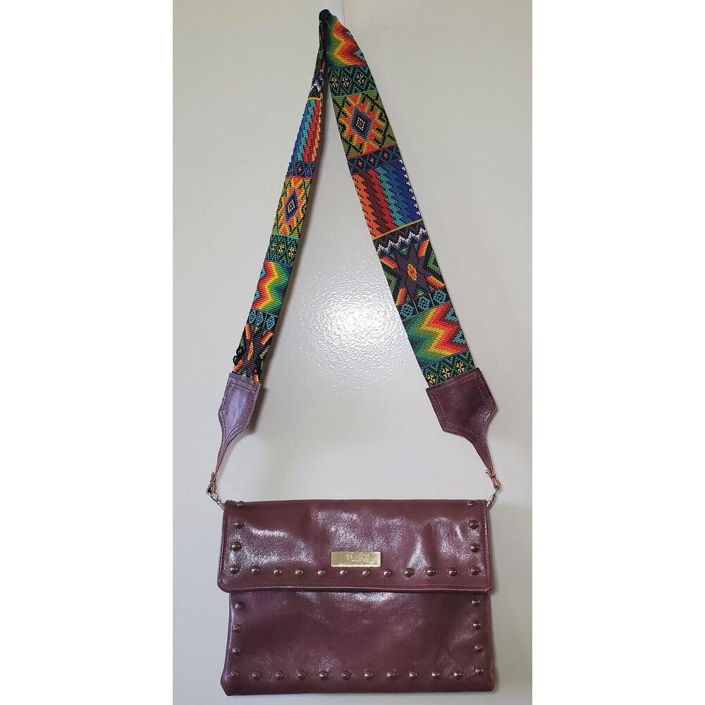 Draco Studded Leather Crossbody Purse Bag Clutch Colorfully Beaded Guitar Strap